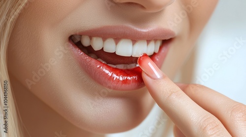 Close-up of Glossy Lips and Finger Applying Lip Gloss