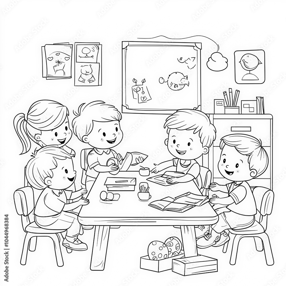 A fun classroom with children learning, coloring page for kids, simple outline illustration. Coloring book, simple lines. A fun classroom with children learning, coloring page for kids, simple outline illustration. Coloring book, simple lines.