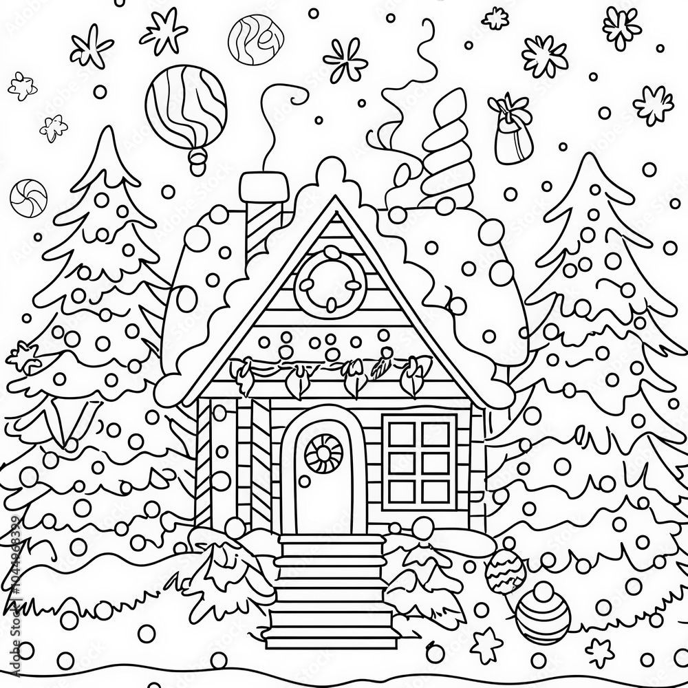 Fototapeta premium A gingerbread house with candy decorations, coloring page for kids, simple outline illustration. Coloring book, simple lines.