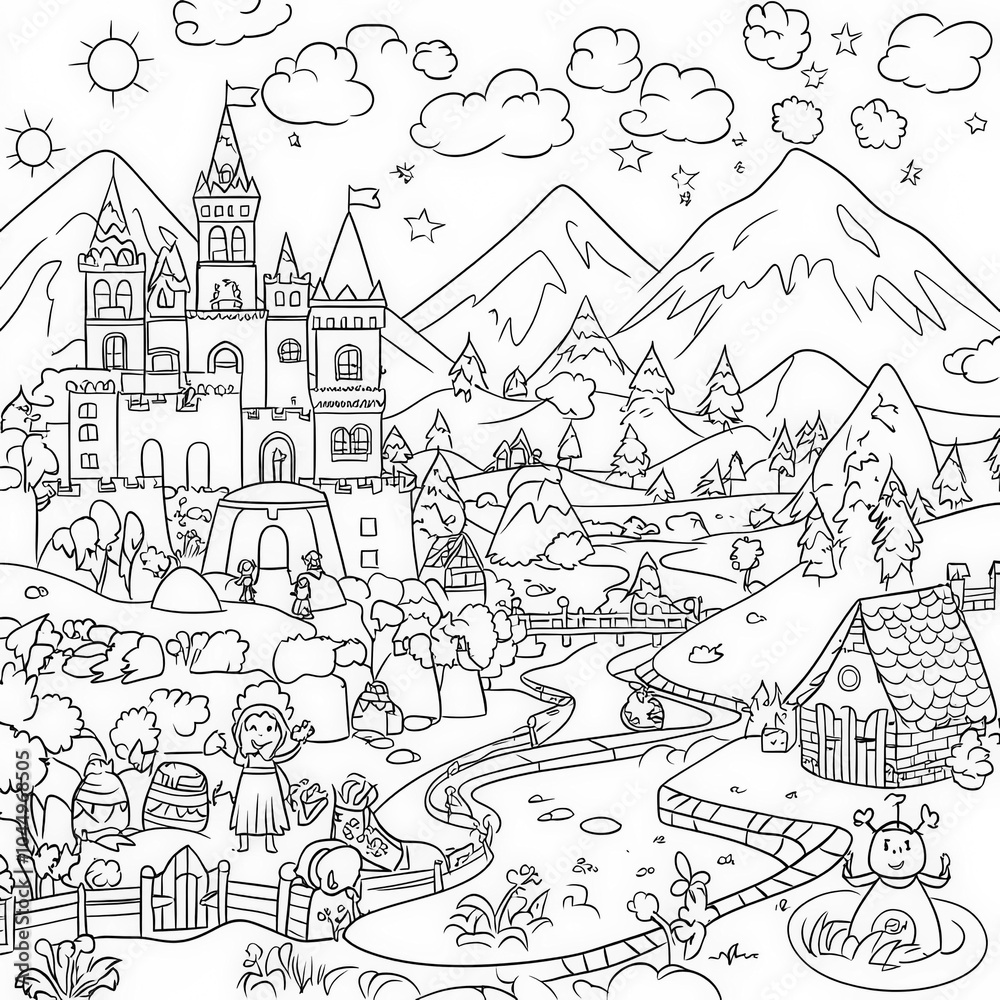 Naklejka premium A magical fairytale scene with characters, coloring page for kids, simple outline illustration. Coloring book, simple lines.