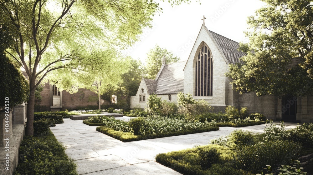 Fototapeta premium Serene Garden Landscape with Church Architecture