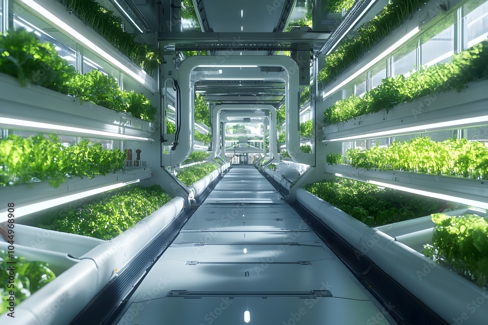 Automated Greenhouse Farm Showcasing Futuristic Interconnected Systems and Innovative Technology