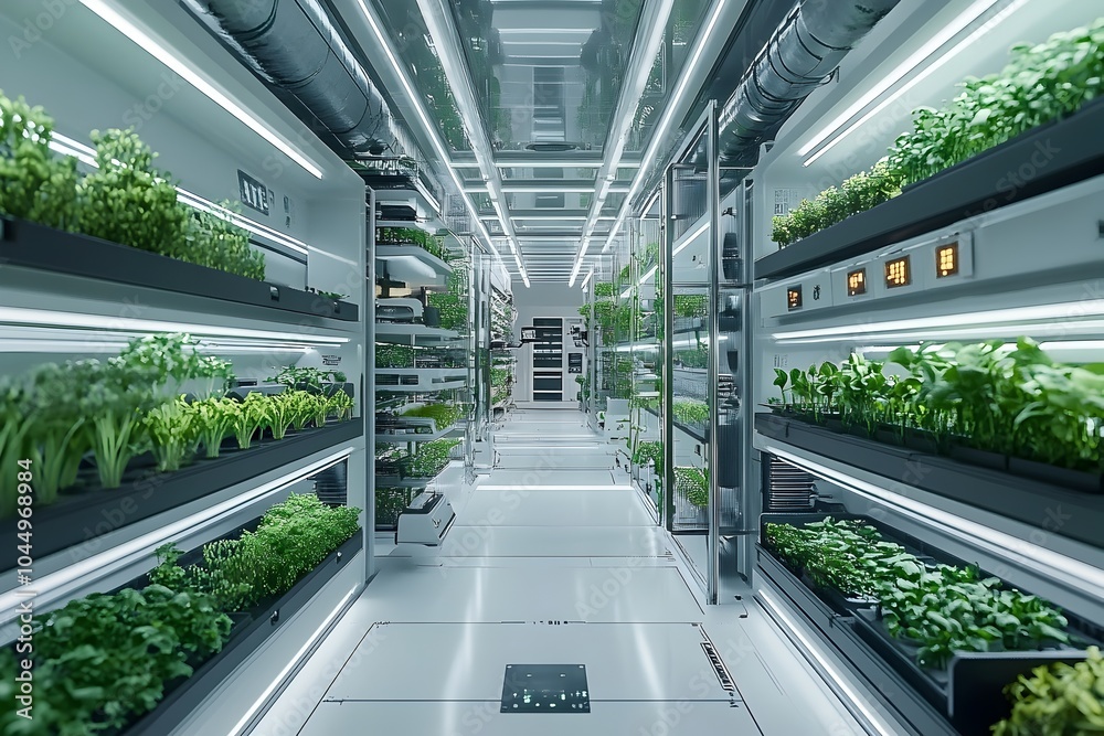 Futuristic Smart Greenhouse Interior Showcasing Advanced Automated Farm Systems and Robotics Futuristic Smart Greenhouse Interior Showcasing Advanced Automated Farm Systems and Robotics