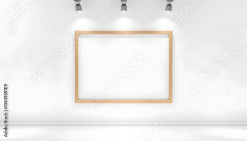 empty A4 frame on white wall with spotlights isolated with white highlights, png photo