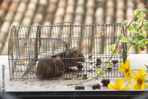 two grey mice in old cage eating  chestnuts