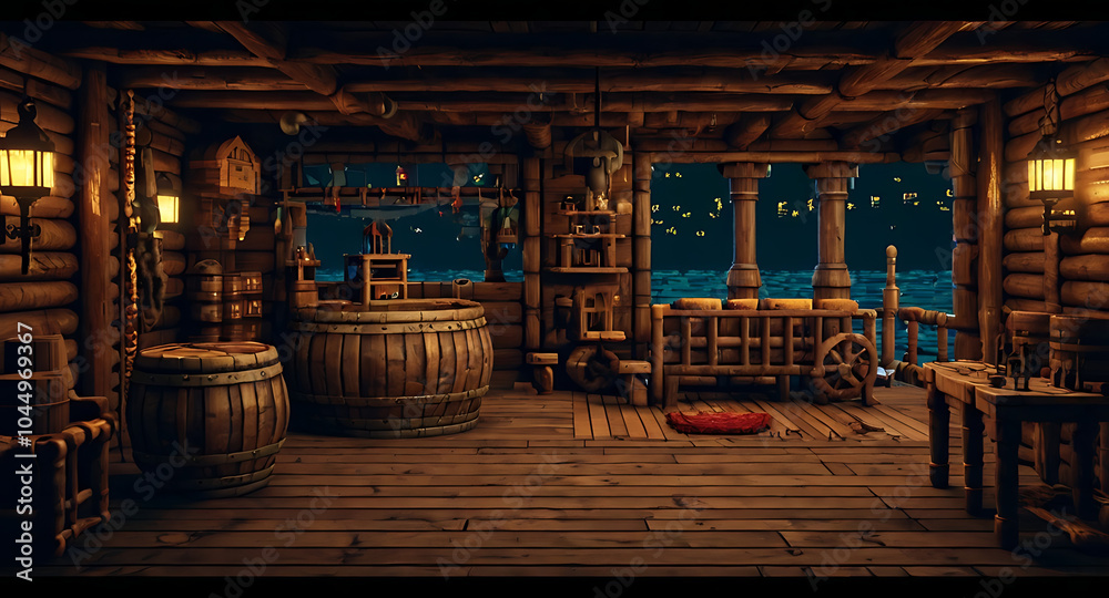 Obraz premium Pixelated 8-bit style pirate ship interior with wooden planks, barrels, and cannons for a platformer game