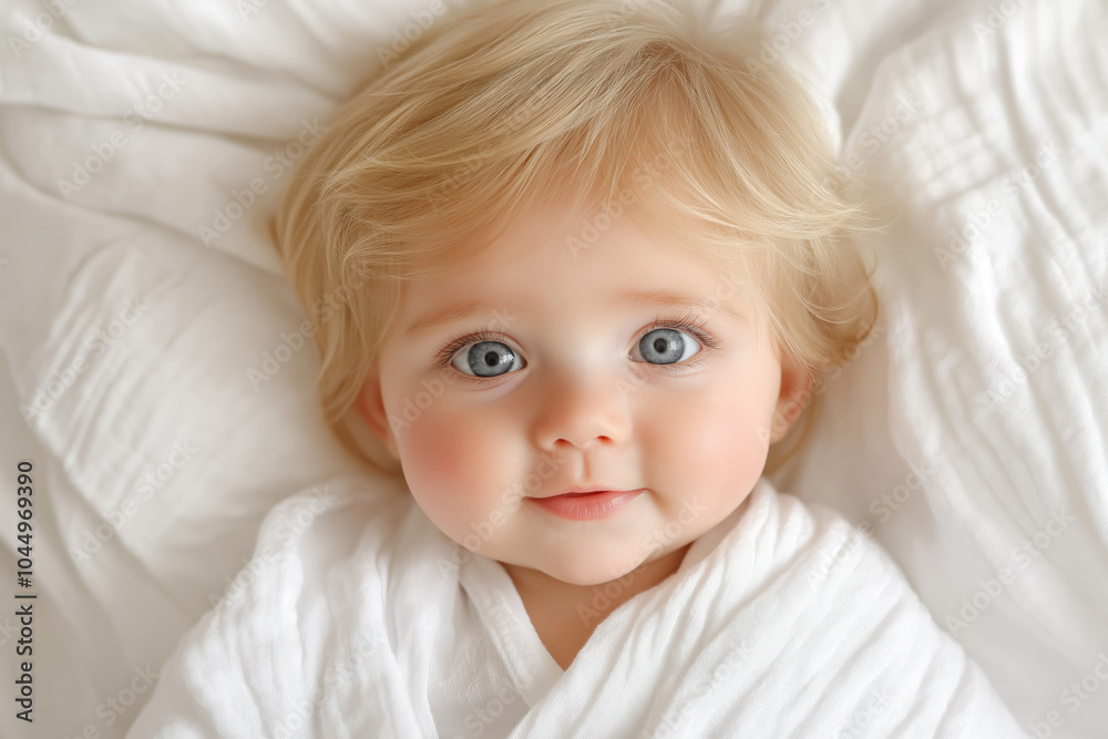 Adorable Caucasian Newborn Child Lying In Hospital Bed In A Nursery Clinic, Top View Adorable Caucasian Newborn Child Lying In Hospital Bed In A Nursery Clinic, Top View