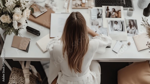 A woman sits at a desk in a white sweater, working on a project.