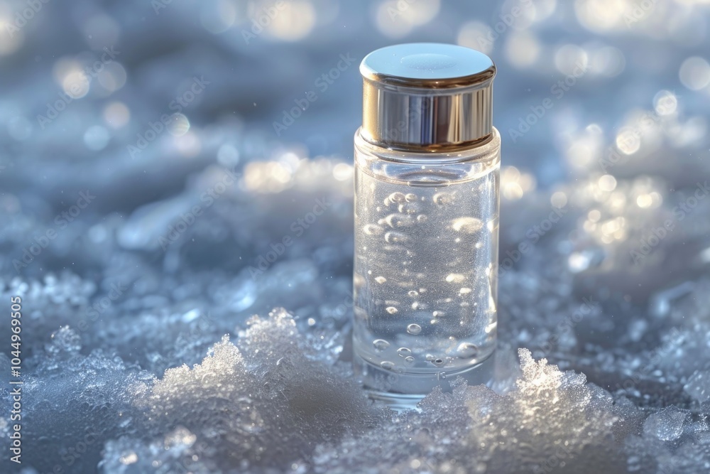 Winter Skincare Product in Snowy Forest with Sunlight and Bokeh Effects