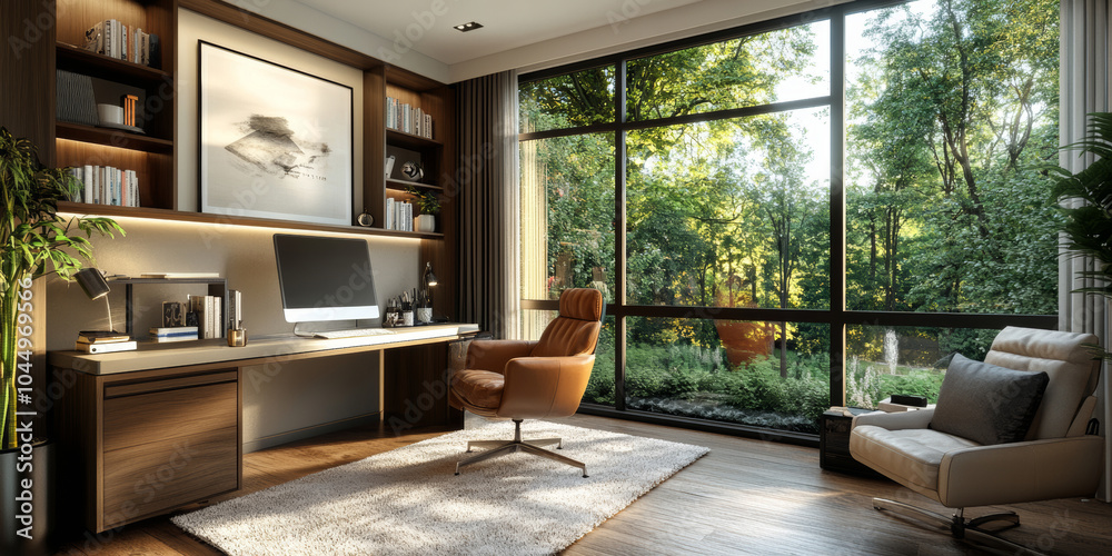 Modern Home Office with Natural Light and Green View Modern Home Office with Natural Light and Green View