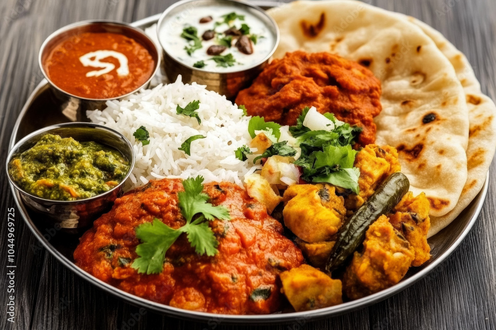 An Elegantly Arranged Indian Food Thali Featuring An Assortment Of Colorful Curries, Rice, Naan, And Traditional Condiments Like Pickle And Raita, Set Against A Rustic Wooden Table. An Elegantly Arranged Indian Food Thali Featuring An Assortment Of Colorful Curries, Rice, Naan, And Traditional Condiments Like Pickle And Raita, Set Against A Rustic Wooden Table.