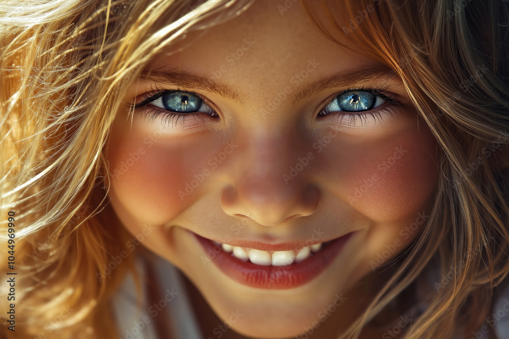 A close up of a young girl with blue eyes smiling A close up of a young girl with blue eyes smiling