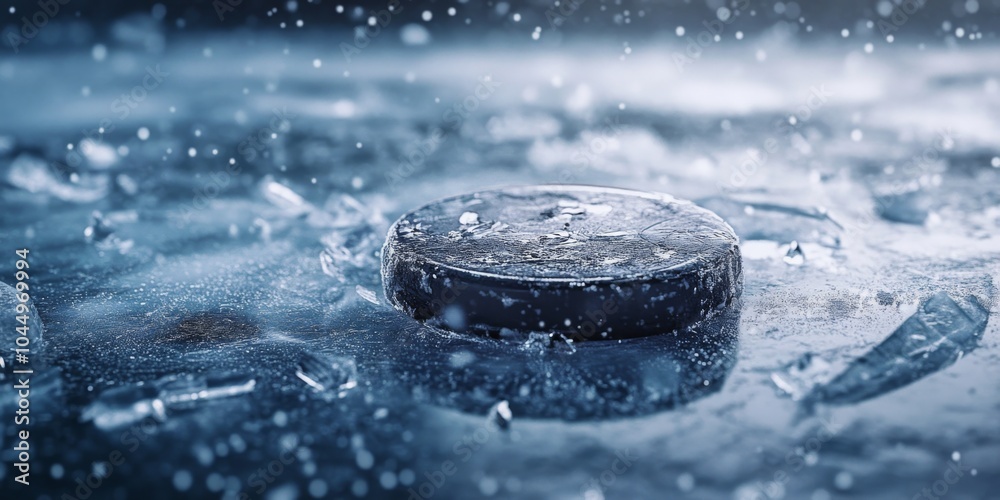 Fast Hockey Puck on Ice with Ice Particles, Close-up Detail for Sports Action Generative AI Fast Hockey Puck on Ice with Ice Particles, Close-up Detail for Sports Action Generative AI