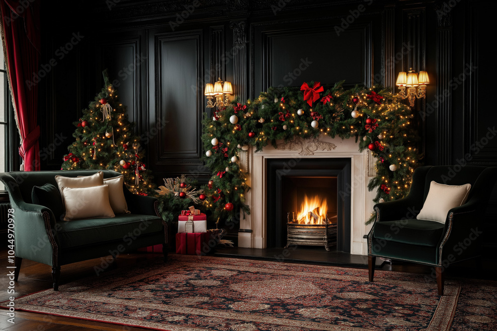 Classic Chimney Decorated For Christmas, Adorned With Green Garlands, Red Ribbons, And Twinkling Lights, With A Soft Glow Emanating From The Fireplace Below Classic Chimney Decorated For Christmas, Adorned With Green Garlands, Red Ribbons, And Twinkling Lights, With A Soft Glow Emanating From The Fireplace Below