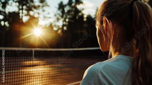 Young woman in white shirt standing on tennis court watching the sunset.