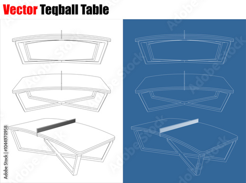 Teqball table from various positions technical drawing line blueprint. isolated on transparent background