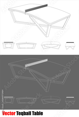 Set Teqball table from various positions technical drawing line blueprint. isolated on transparent background