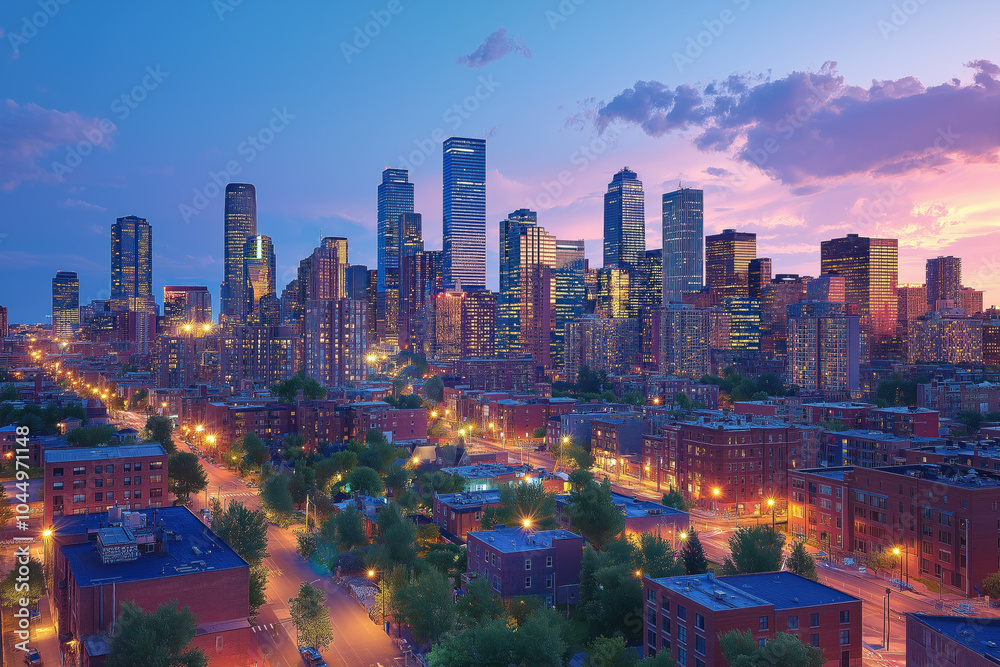 Obraz premium Chic City Skyline At Twilight, With Modern High-Rises Illuminated By City Lights, Providing A Sleek And Stylish Classy Background