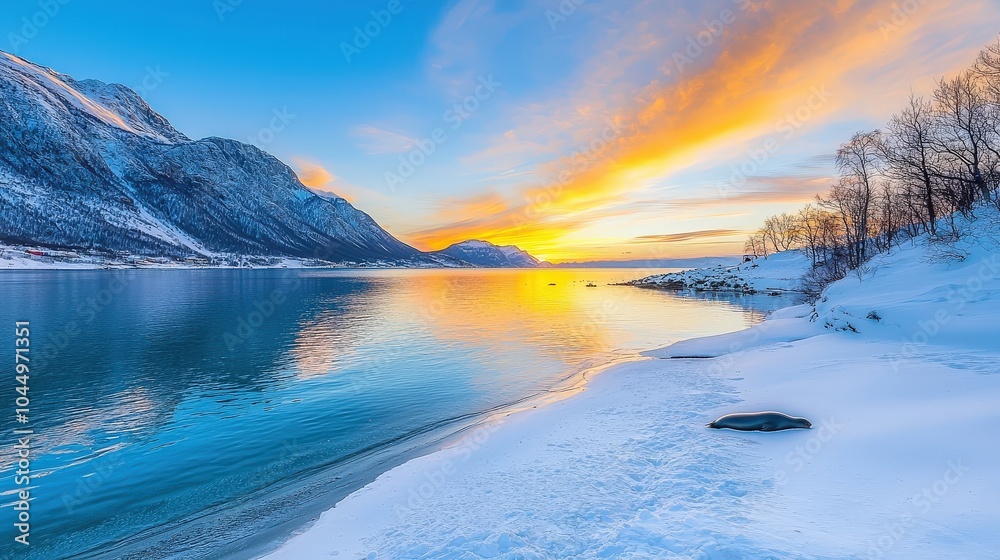 Obraz premium An icy fjord with pastel-colored skies and mountains, with seals lounging on the snow-covered shore.