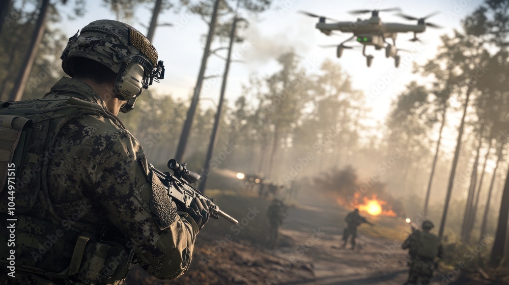 Battlefield technology, featuring cutting-edge technologies such as drones, AI, and advanced weapon systems in modern warfare Battlefield technology, featuring cutting-edge technologies such as drones, AI, and advanced weapon systems in modern warfare