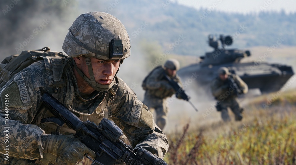 Fototapeta premium Battlefield simulation, highlighting realistic training simulations that prepare soldiers for real-world combat scenarios