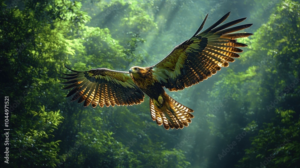 Fototapeta premium An impressive eagle in flight above a lush forest, its expansive wingspan casting a shadow across the vibrant greenery of the canopy below.