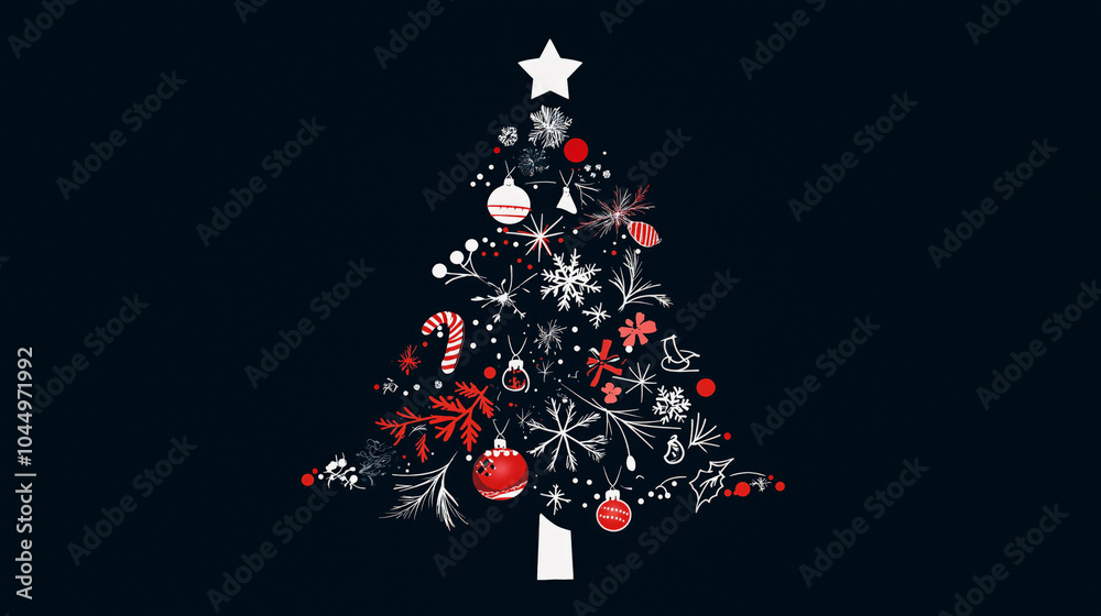 Greeting card concept with the words Merry Christmas. Abstract Christmas tree shape arranged with festive symbols 