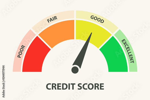 Credit score ranges icon. Loan rating scale with levels from poor to excellent. Arrow pointing at good