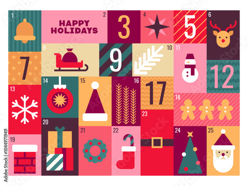 Modern Advent Calendar with Holiday Symbols and Numbered Countdown