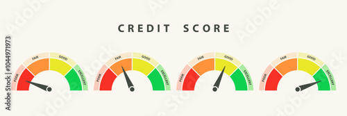 Credit score ranges icon set. Loan rating scale with levels from poor to excellent. Arrow pointing at every level set