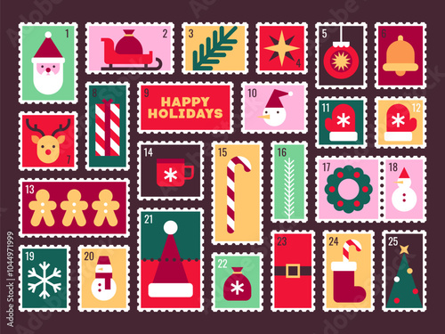 Bright Advent Calendar with Festive Holiday Icons in Stamp Design