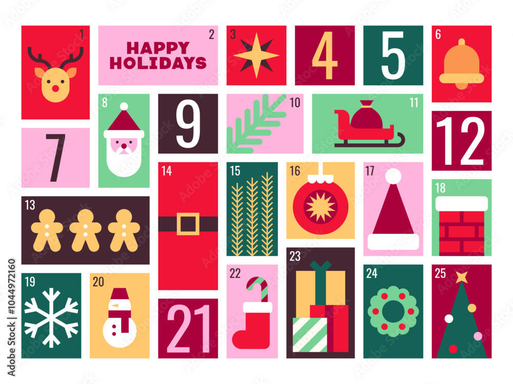 Bright Christmas Advent Calendar with Festive Icons and Fun Patterns Bright Christmas Advent Calendar with Festive Icons and Fun Patterns