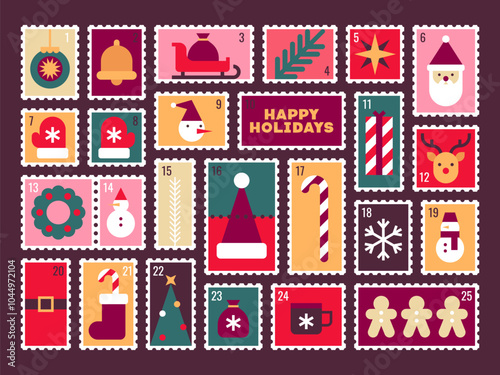 Advent Calendar with Festive Holiday Stamps in Retro Style