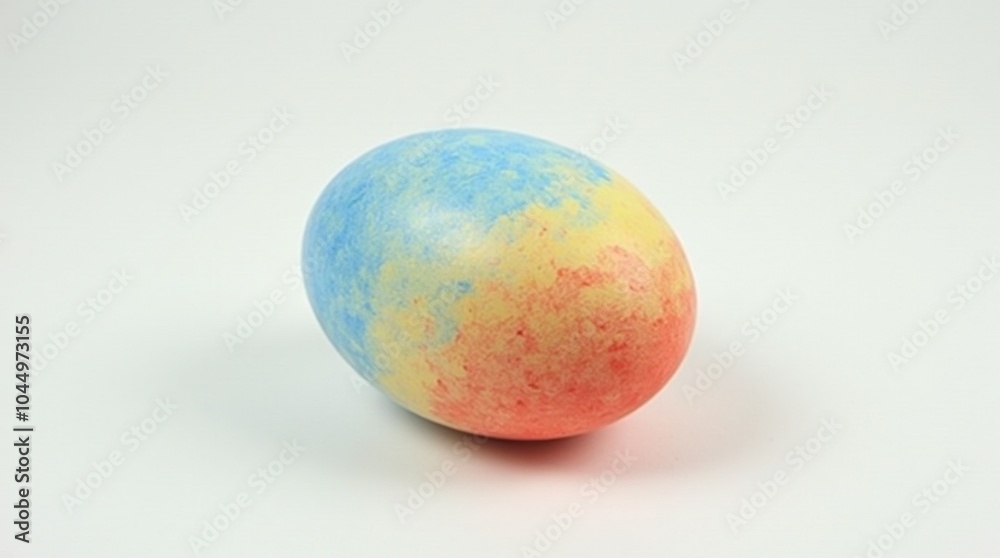 A single hand-painted egg resting on a smooth white surface, featuring a vibrant color like red, blue, or yellow. A single hand-painted egg resting on a smooth white surface, featuring a vibrant color like red, blue, or yellow.