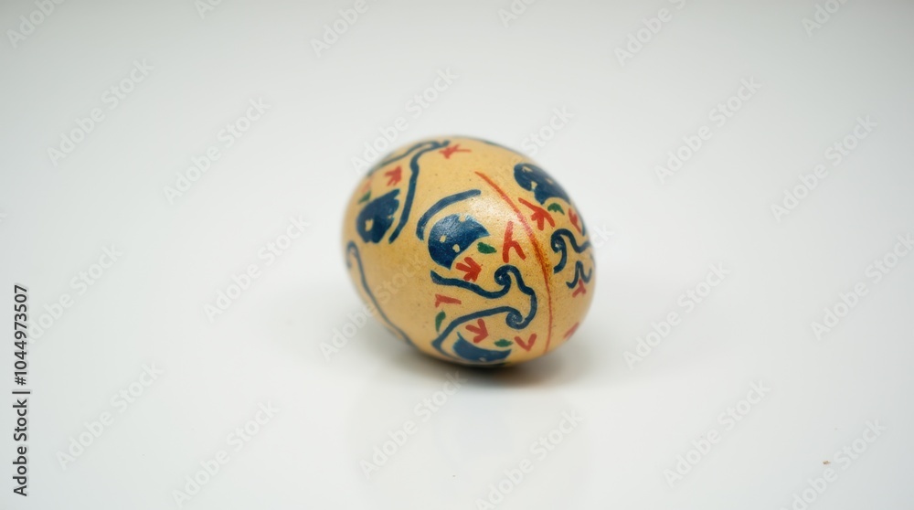 A single hand-painted decorative egg featuring intricate designs, resting on a smooth white surface. A single hand-painted decorative egg featuring intricate designs, resting on a smooth white surface.