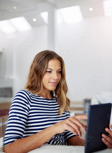 Blog, research or woman on tablet in house for online news, ebook or social media article. Download, network subscription or girl on touchscreen technology for streaming choice on website to relax