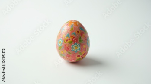 A single hand-painted decorative egg featuring intricate designs, resting on a smooth white surface.