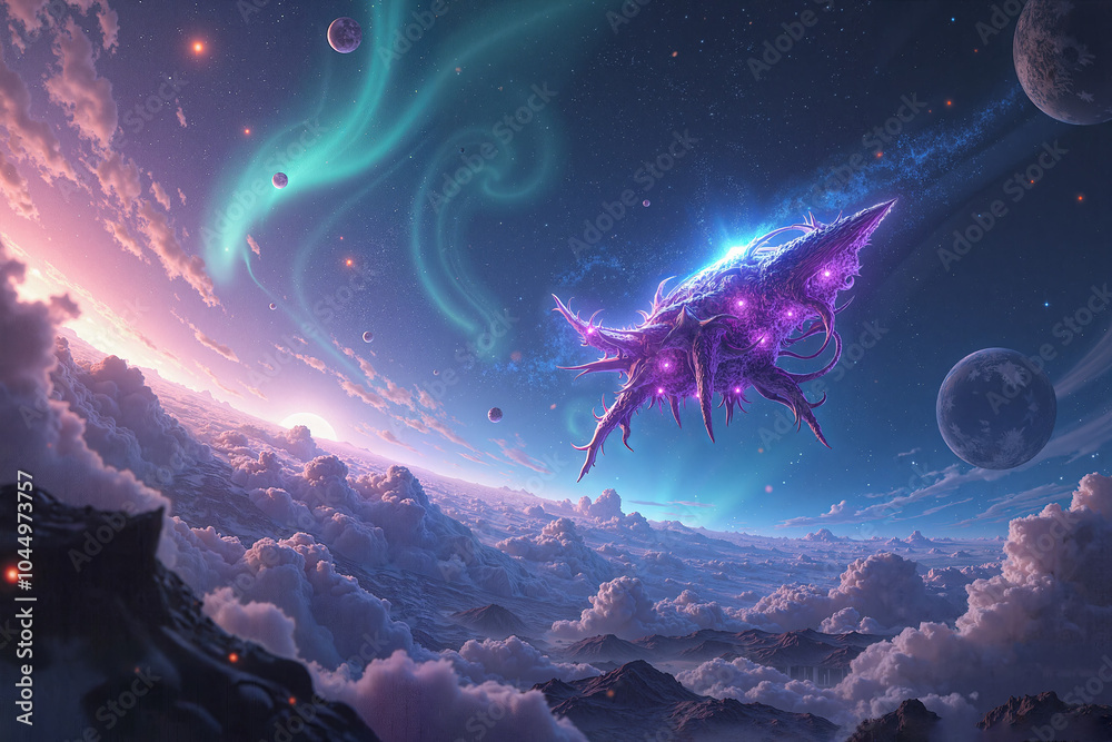 Naklejka premium Mystical cosmic creature floating through colorful auroras and stars - desktop wallpaper