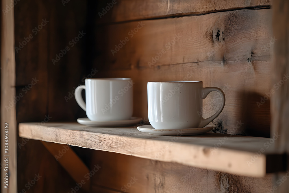 Obraz premium Cozy Minimalist Indoor Decor Featuring White Ceramic Cups on Wooden Shelf