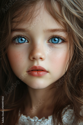 A close up of a doll with blue eyes and long brown hair