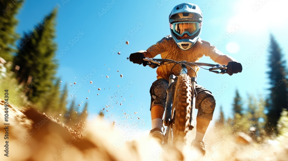 A young cyclist is focused as they navigate a rugged dirt trail, showcasing strength and agility enhanced by the dazzling sunlight filtering through trees. A young cyclist is focused as they navigate a rugged dirt trail, showcasing strength and agility enhanced by the dazzling sunlight filtering through trees.