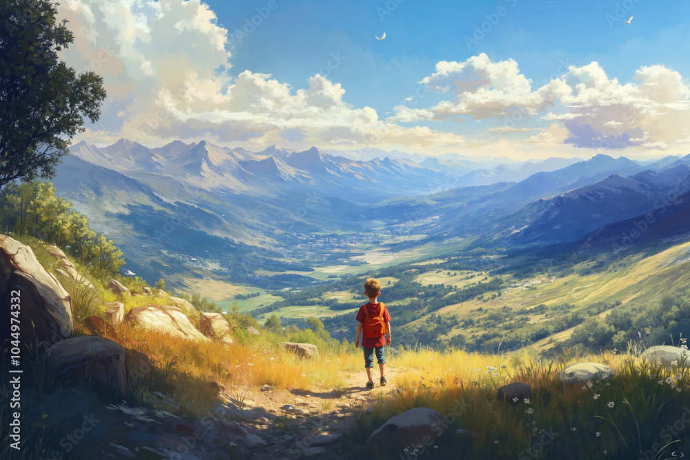 Fototapeta premium A boy with a backpack walking on a trail in the mountains
