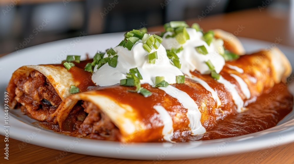 This image showcases a close-up of traditional enchiladas, enriched with sauce, sour cream, and sprinkled green onions, served on a ceramic white plate. This image showcases a close-up of traditional enchiladas, enriched with sauce, sour cream, and sprinkled green onions, served on a ceramic white plate.