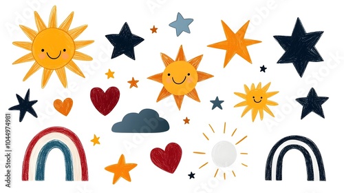 Vibrant and whimsical crayon drawn doodle stickers featuring playful shapes like sun hearts stars and rainbows perfect for adding a touch of creativity to kids  art projects collages and scrapbooking