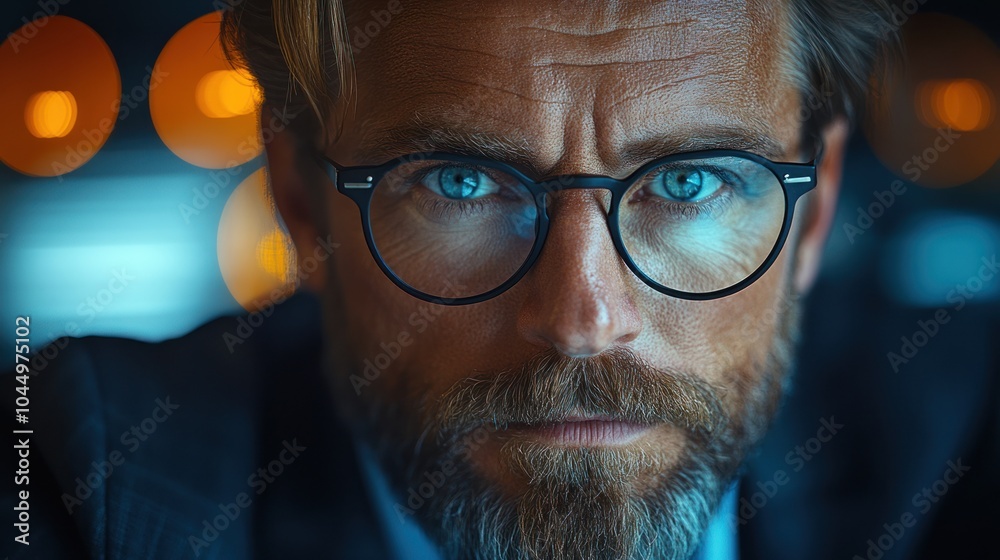 A man with a beard and glasses looks intently at the camera. The background is blurred with out-of-focus lights. A man with a beard and glasses looks intently at the camera. The background is blurred with out-of-focus lights.