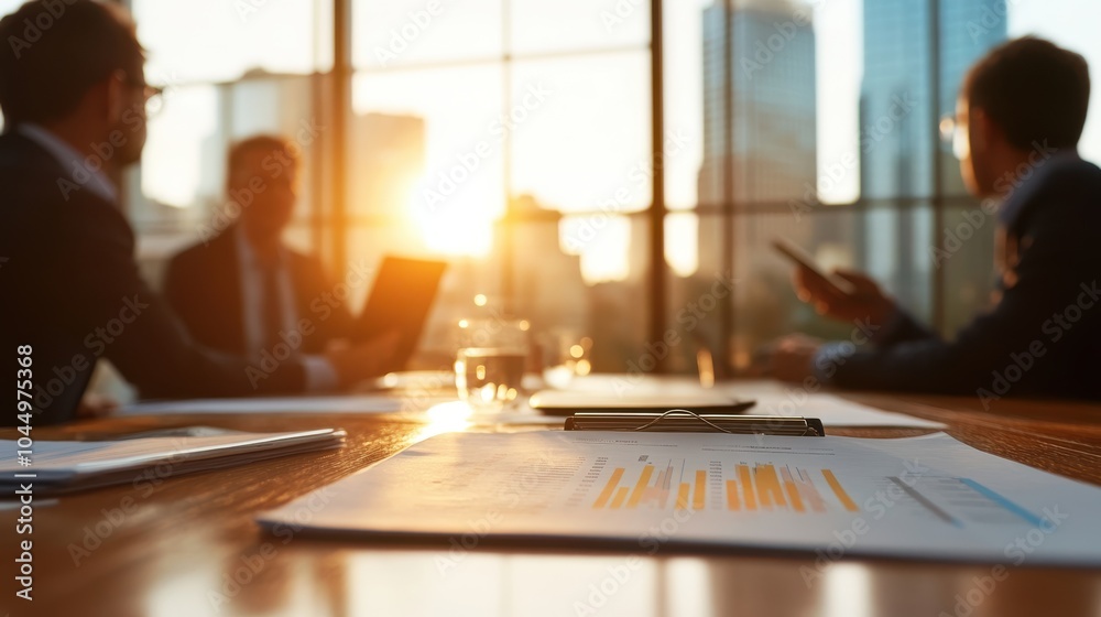A group of professionals in suits sit around a table in a boardroom during sunset, discussing a report filled with charts, reflecting a corporate environment. A group of professionals in suits sit around a table in a boardroom during sunset, discussing a report filled with charts, reflecting a corporate environment.