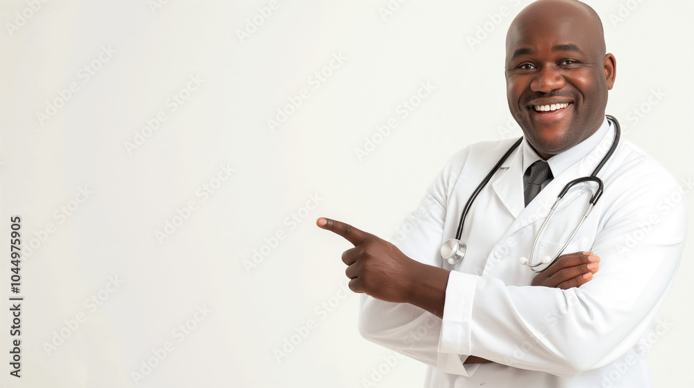 Black male doctor in white coat and stethoscope, smiling and pointing. Copy space. Black male doctor in white coat and stethoscope, smiling and pointing. Copy space.