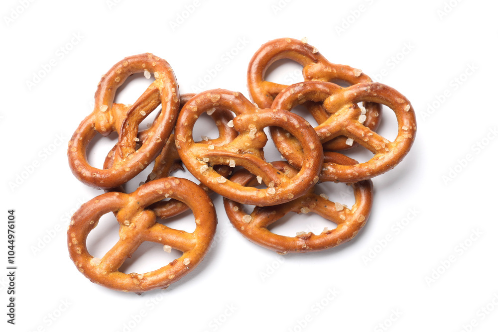 Many delicious pretzel crackers isolated on white, top view Many delicious pretzel crackers isolated on white, top view