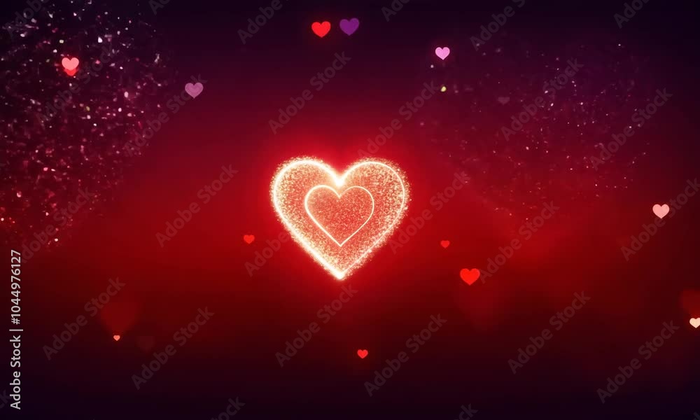 Glowing heart symbol on a vibrant red background with sparkling particles and smaller hearts for Valentine's Day