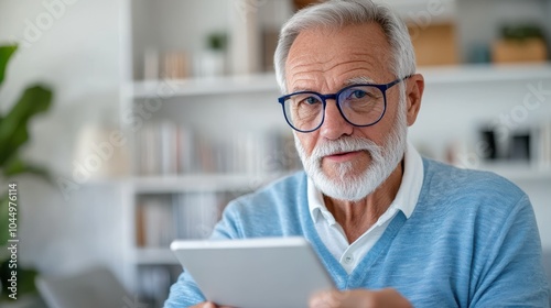 An older man with white hair and glasses uses a tablet in a modern home interior, dressed in a blue shirt, symbolizing technology's role in senior life. photo